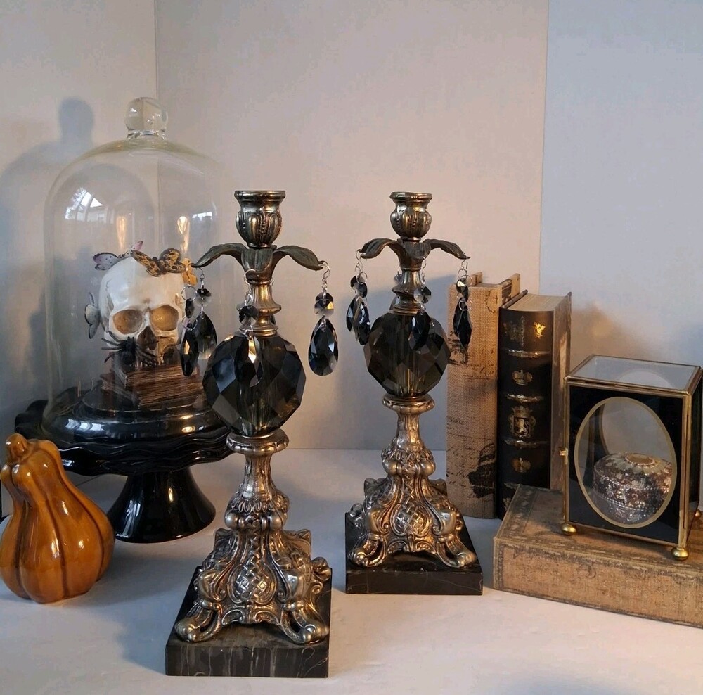 VTG MCM Gothic/Hollywood Regency Style Candle Set;Smokey Gray Prisms/Marble Base